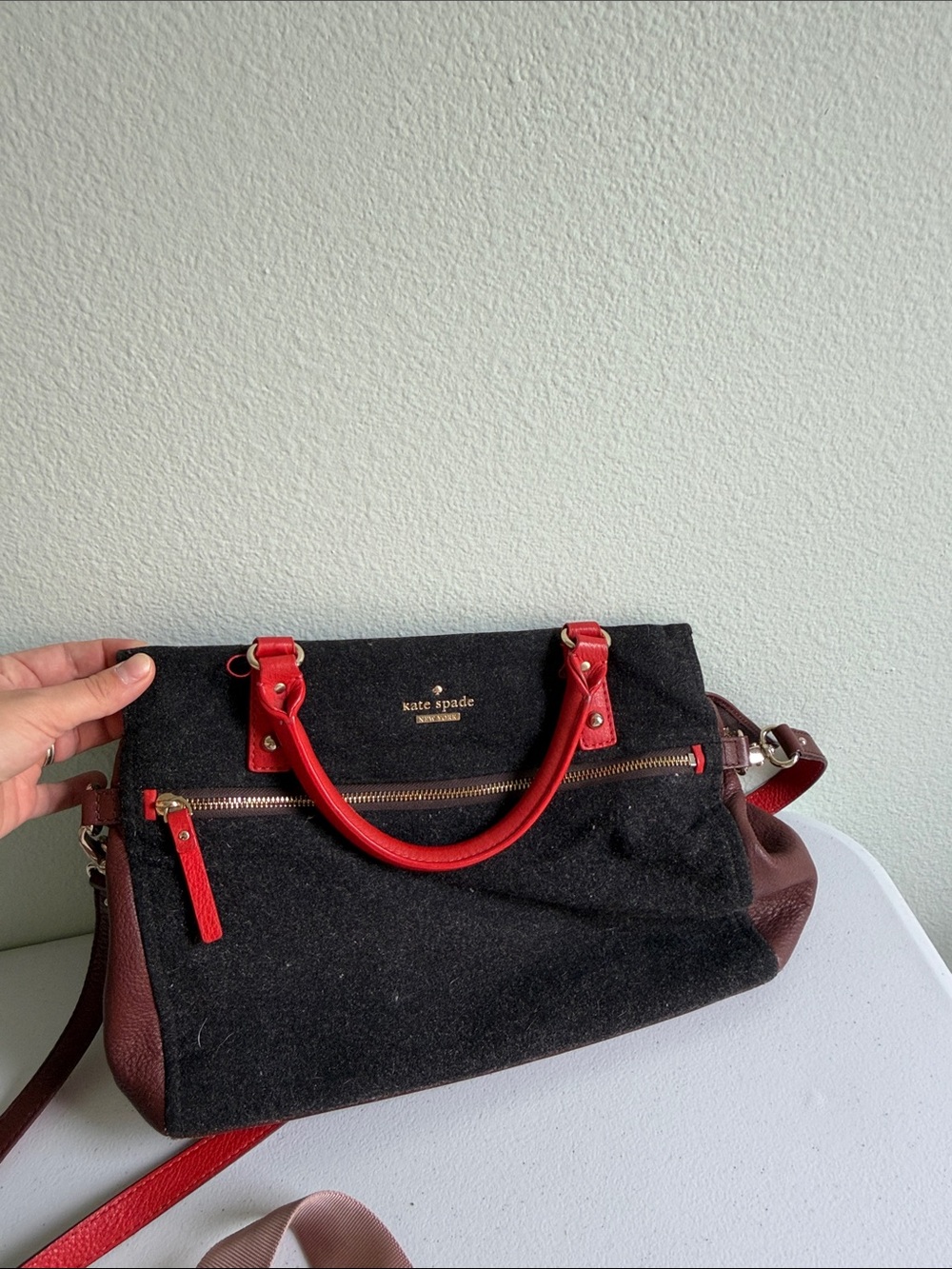 kate spade Black Satchel with Red Trim and Brown Sides